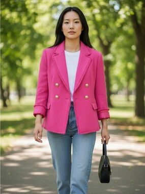 Mango Fushia Women's Double-Breasted Fushia Textured Blazer Jacket szXXL/16